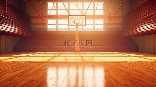 篮球地板背景图片_阳光明媚的篮球场渲染 3D 背景与空球场