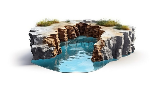 一个带有瀑布和小岩石的孤立湖泊的 3D 插图
