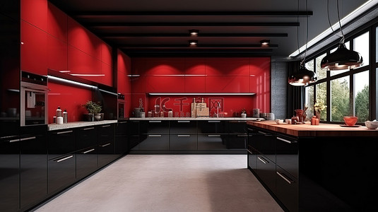 深色大胆别致的红色和黑色厨房设计的 3D 渲染，具有引人注目的室内概念装饰理念