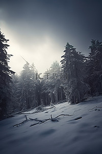 森林与背景图片_积雪的森林景观与暴风云