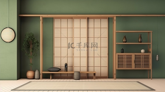 日本风格的绿色房间室内设计，采用传统的榻榻米地板纸门和木柜架 3D 渲染