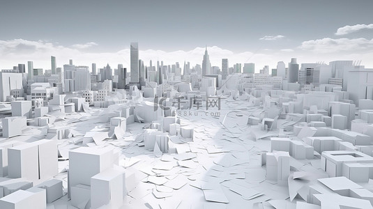 房子背景背景图片_白皮书中的城市建筑摩天大楼 3D 渲染城市景观与屋顶全景