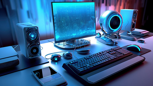 键盘电脑背景图片_3D 渲染中带有显示器键盘鼠标和扬声器的计算机设置