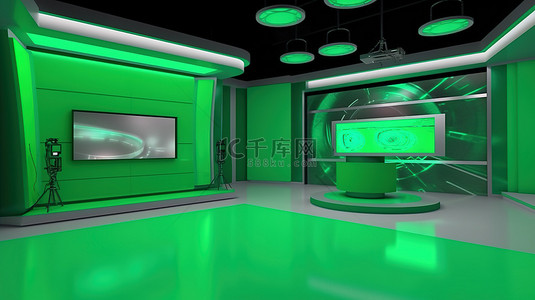 沉浸场景背景图片_带绿色屏幕的沉浸式虚拟电视演播室 3D 插图