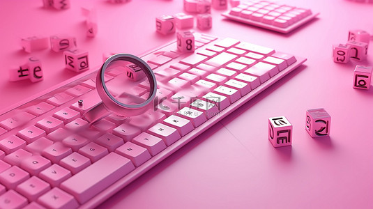 可爱的搜索在 3D 背景上的粉红色栏中输入关键字