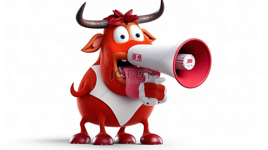 机智的 3D 红牛举着一只眼睛，通过扩音器说话