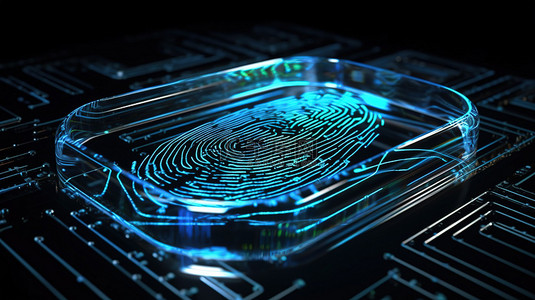 玻璃制成的 3D 渲染指纹图案是用于加密和安全的手指识别符号