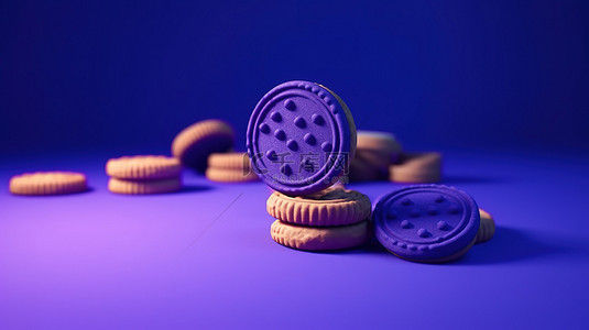 饼干简约背景图片_蓝紫色 crayola 背景上的简约 3d 渲染 cookie 图标符号