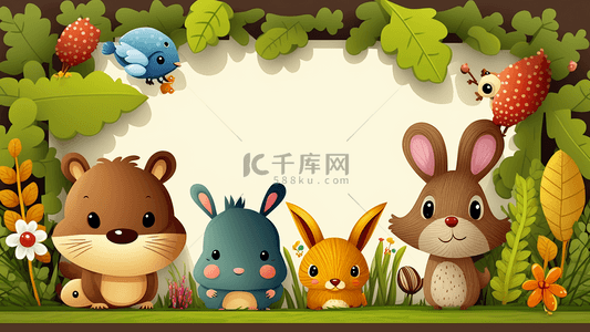 可爱动物卡通边框背景图片_小动物植物绿色插画边框背景