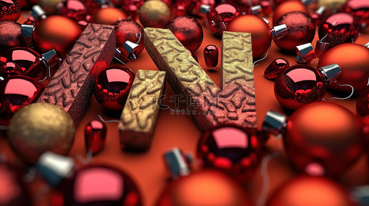 邀请字体背景图片_带有大胆红色字体的节日圣诞装饰的 3D 渲染