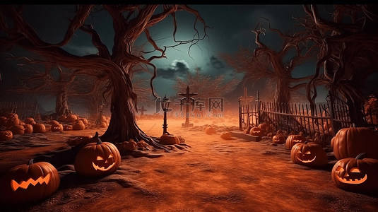 墓地的怪异 3D 渲染，带有杰克灯笼墓地和万圣节背景的怪异死树