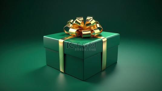 绿色礼品盒，带有金色蝴蝶结，绿色背景逼真 3D 渲染