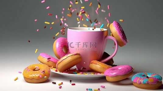 甜食杯背景图片_白色背景上飞翔的彩色甜甜圈和一杯咖啡，非常适合喝咖啡休息，隔离 3D 渲染