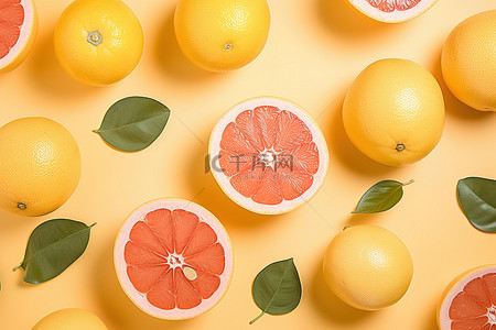 黄色背景上葡萄柚和橙子的排列