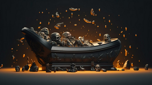 神秘复苏背景图片_万圣节启发的黑色开放式棺材的 3D 渲染与墓地装饰装饰品