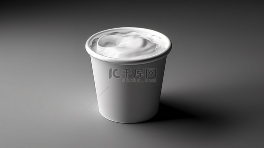 塑料杯顶视图模型盖的 3D 渲染，塑料杯带有银箔盖，内含白色酸奶油酸奶