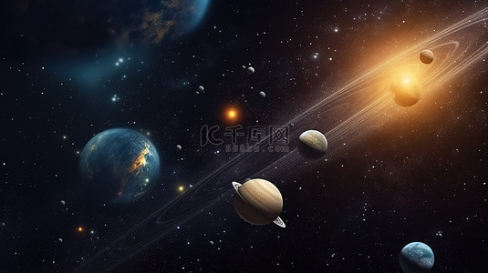 月亮星星太阳背景图片_银河系与太阳月亮和整个太阳系行星的 3D 渲染