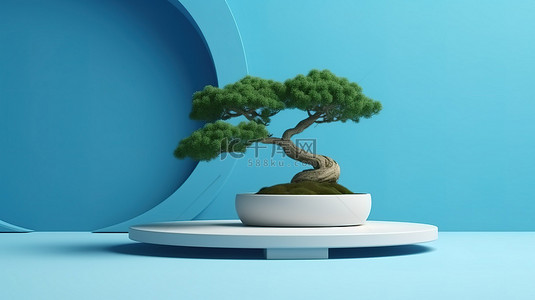 蓝色背景 3D 渲染日式抽象讲台和盆景树插图
