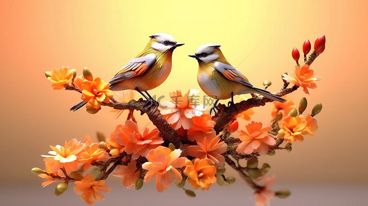 美丽的花卉和鸟类艺术品的 3D 插图