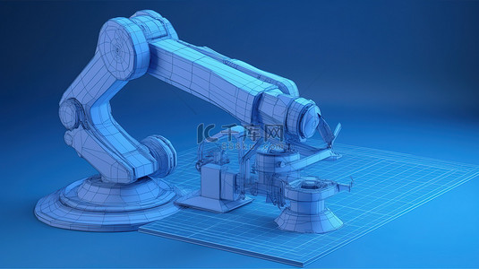 蓝色机械背景背景图片_蓝色背景 3d 渲染的机械臂蓝图与规模