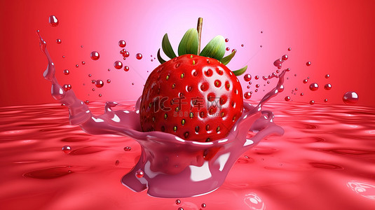 新鲜水果草莓背景图片_3D 渲染清爽的草莓汁与新鲜水果在充满活力的粉红色背景