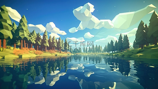 夏日天空中阳光和云彩的水上低聚森林的 3D 渲染