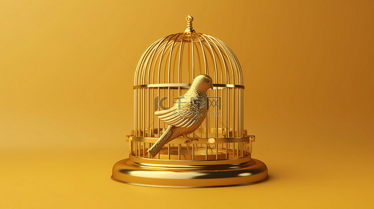 用于社交媒体的金色鸟笼的时尚 3D 渲染，具有创意简约的风格