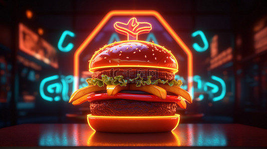 霓虹灯汉堡标志的 3d 渲染