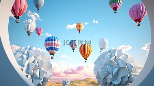 创意热气球背景图片_闪亮的戒指和天空中的热气球展示空间的 3D 概念