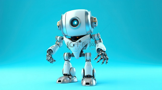 人与科学背景图片_3D 插图蓝色背景与全动画机器人运动监视器面部和肢体运动