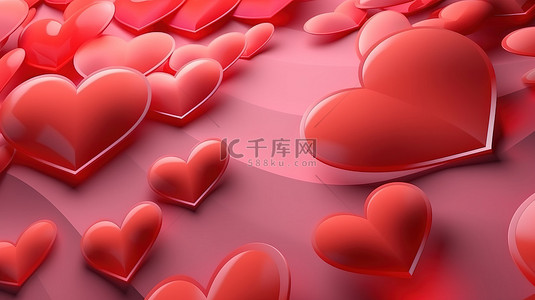 幸福场景背景图片_情人节幸福 3d 渲染快乐的粉红色和红色心形抽象背景的插图