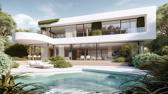 花园阳台背景图片_现代白色别墅，拥有华丽的花园和游泳池，令人惊叹的 3D 渲染