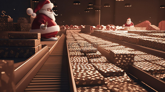 快递礼物盒背景图片_圣诞老人在 3D 渲染中检查移动传送带上的礼品盒和包裹的礼物