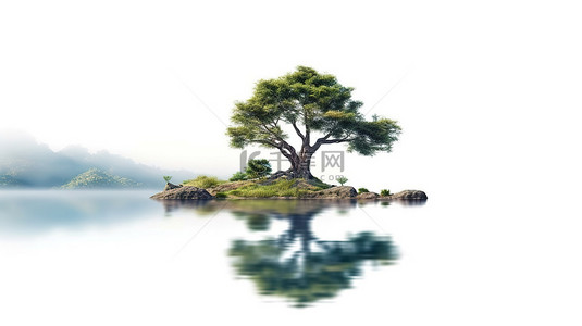 中山底图背景图片_白色背景下自然景观中山湖和树木的 3d 插图