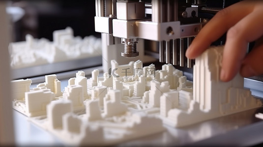 3D 打印机的特写，正在创建白色塑料细节