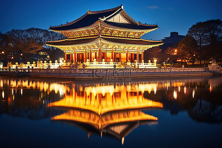 韩国夜晚的一座美丽的宝塔