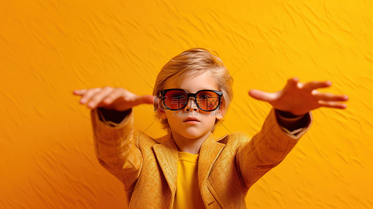 年轻人戴着 3D 眼镜，在亮黄色的背景下摆出很酷的姿势，并举起手臂