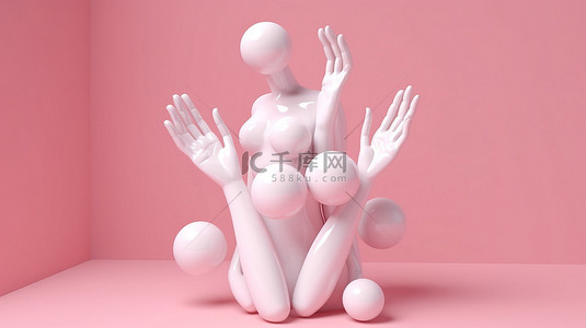 手球背景图片_粉红色背景下 3D 渲染中的杂耍球和白手雕塑
