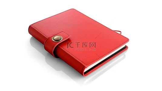 白色背景下红色皮革装订个人日记或组织书的 3D 渲染