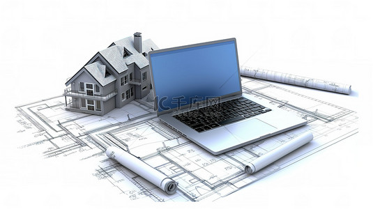蓝图计划笔记本电脑和铅笔的 3d 渲染在白色背景上用于住房项目
