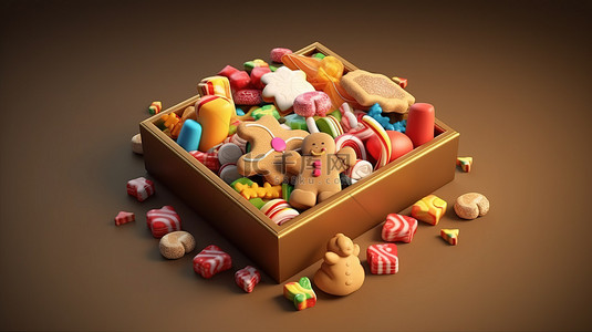 一个节日礼品盒，里面装满了姜饼和糖果 3D 渲染，祝圣诞快乐和新年快乐