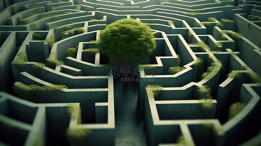 神秘的混凝土迷宫在强烈的特写 3D 渲染中包围着孤独的绿树