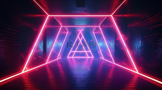 采用霓虹灯激光隧道技术的三角形走廊门的 3D 插图