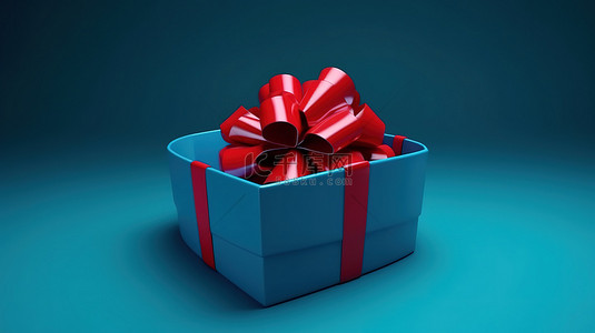 节日蓝色背景上带红丝带的蓝色礼盒 3d 渲染圣诞节和元旦