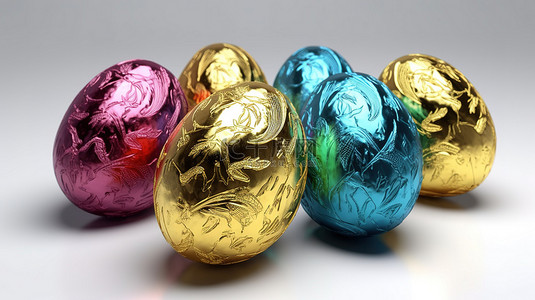3D 渲染中孤立的复活节主题设计元素多彩箔装饰鸡蛋