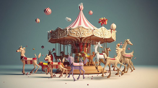 圣诞节卡通图案背景图片_异想天开的圣诞旋转木马，3D 渲染的卡通驯鹿，周围环绕着半空中的节日物品