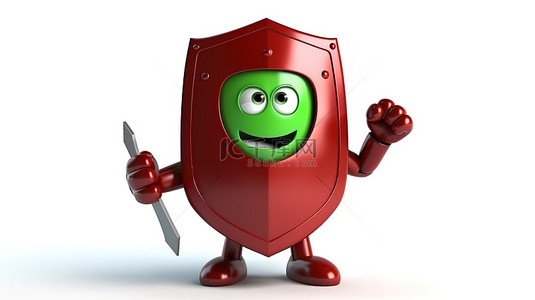 红色徽背景图片_3D 渲染白色背景，具有红色金属人物吉祥物和交通绿光保护罩