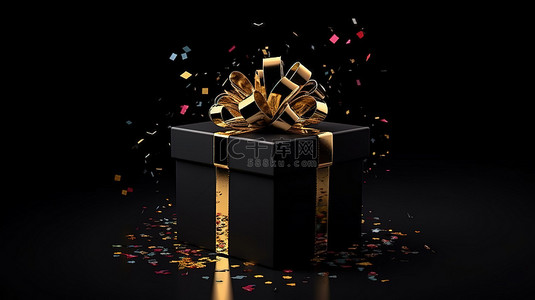 生日礼盒背景图片_黑色背景下 3D 渲染的惊喜礼盒