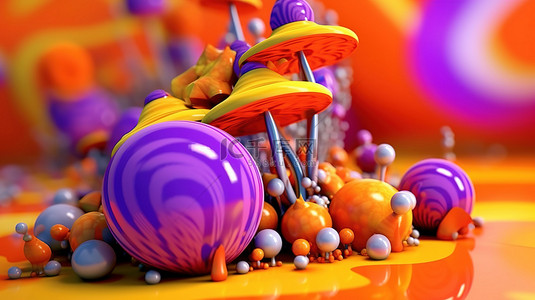 充满活力的橙色背景，带有 3D 渲染的紫色蘑菇和彩色球