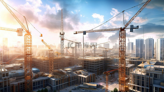 建筑工地工程背景图片_城市中的不完整性 带有起重机和摩天大楼的建筑工地的 3D 插图